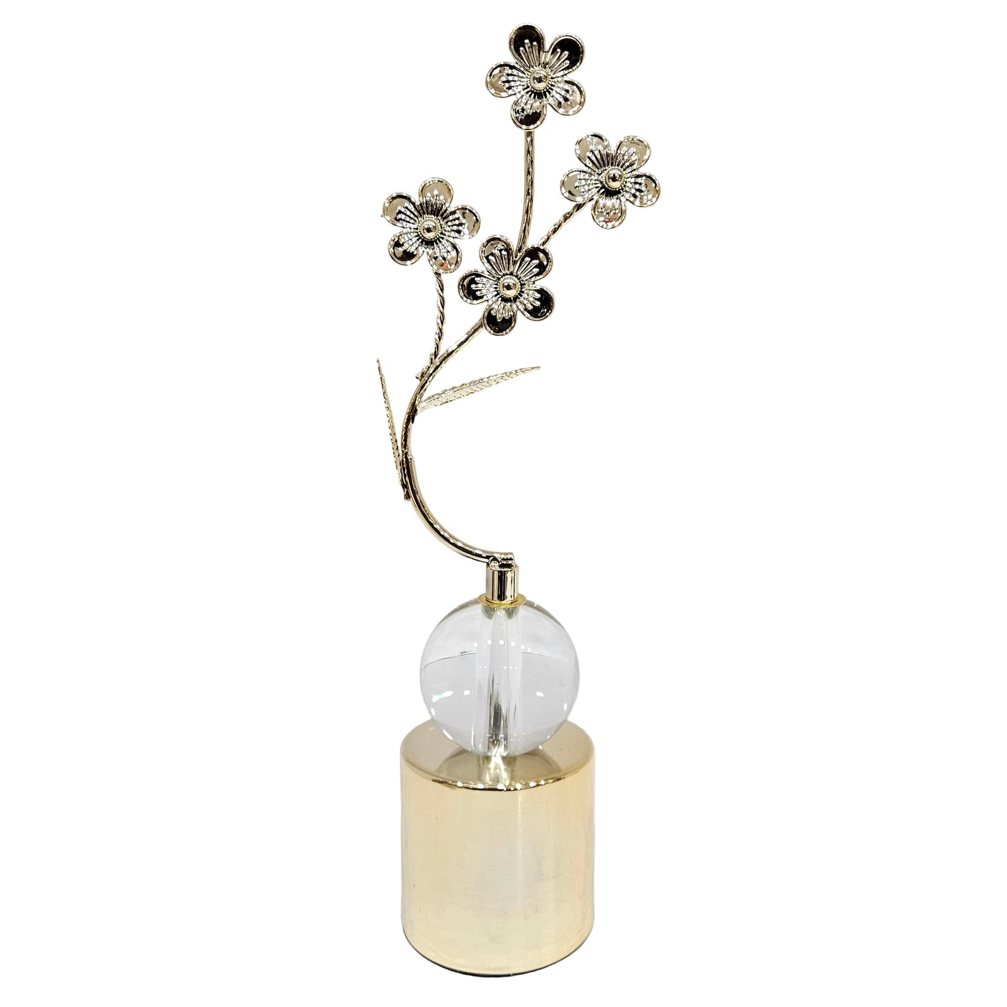 Elegant metal floral table showpiece featuring a crystal ball accent on a golden cylindrical pedestal base