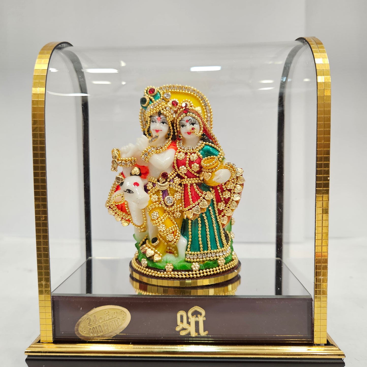 Radha Krishna with cow Idol 24 carat gold Plated Statue Showpiece in transparent cabin Box