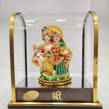 Radha Krishna with cow Idol 24 carat gold Plated Statue Showpiece in transparent cabin Box