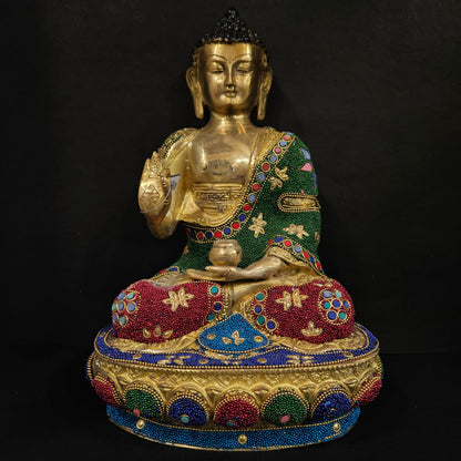 India Tibetan Buddhist Lord Buddha Decorated with Inlay Pearls Brass Statue with Inlay Work God idol