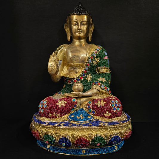 India Tibetan Buddhist Lord Buddha Decorated with Inlay Pearls Brass Statue with Inlay Work God idol