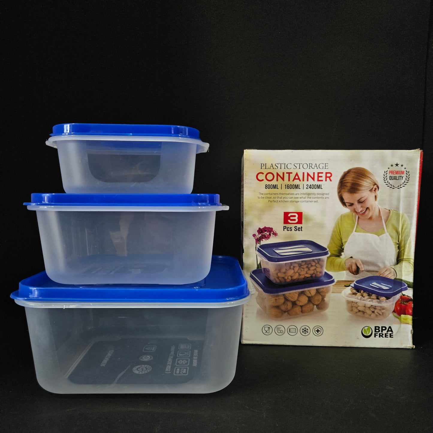3 piece set Transparent Storage Container with 800ml,1600ml & 2400ml Capable unbreakable storage container