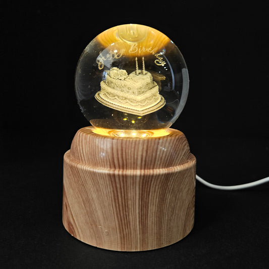 3D Happy Birthday Heart Shaped Cake Crystal Ball Night Lamp Engraved USB Table Wooden Light for Home Office Decoration and Birthday Gift