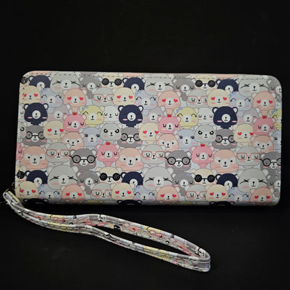 Leather Thin Slim Wallets for Women Cute Bear Stars Wallet for Women with Double Zipper