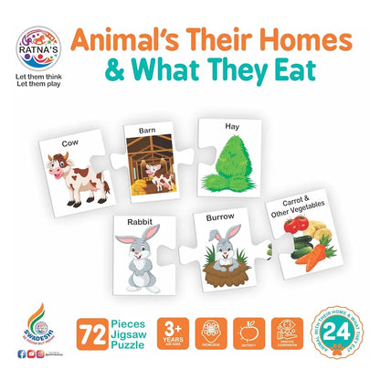 Animals Their Homes and What They Eat 72 Pcs Jigsaw Puzzle for Kids to Learn About 24 Different Animals Their Home & Their Food