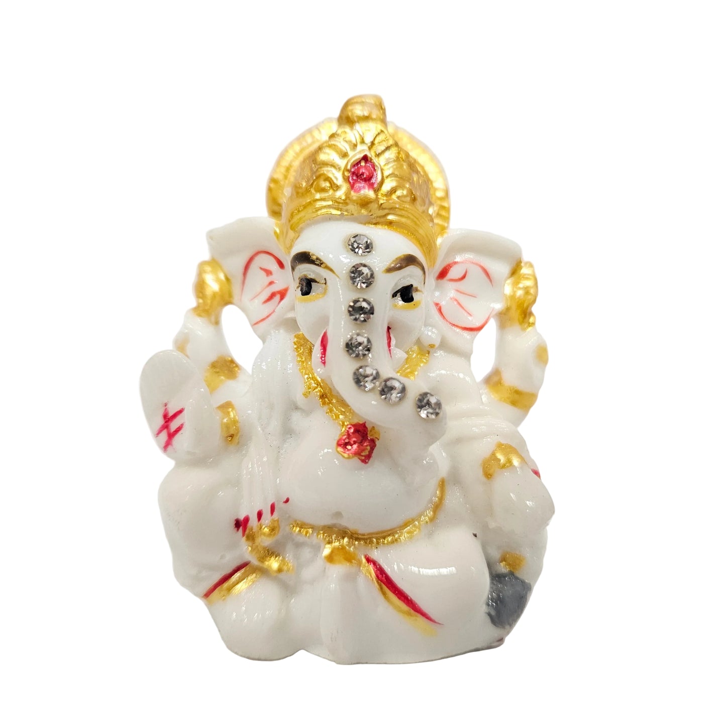Shree Ganesh Ji Idol for Car Dashboard, White with Golden Mukut, Premium Fibre, Double Sided Tape, Ideal for Home Décor, Mandir, Office Desk & House Warming Gift