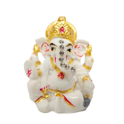 Shree Ganesh Ji Idol for Car Dashboard, White with Golden Mukut, Premium Fibre, Double Sided Tape, Ideal for Home Décor, Mandir, Office Desk & House Warming Gift