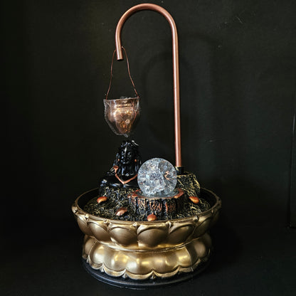 Copper Metal Adiyogi Water Fountain with Crystal Ball for Home Decor Showpiece Tabletop Waterfall Decoration Indoor & Outdoor