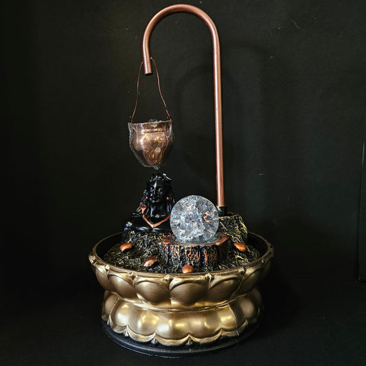 Copper Metal Adiyogi Water Fountain with Crystal Ball for Home Decor Showpiece Tabletop Waterfall Decoration Indoor & Outdoor