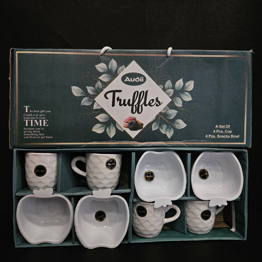 Truffles snack set of 4 Ceramic tea cups & 4 apple Shaped serving Bowls