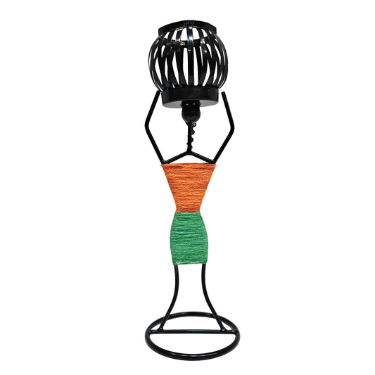 Tribal lady candle holder unique wrought iron design accented with colorful wrapped thread Showpiece Figurine