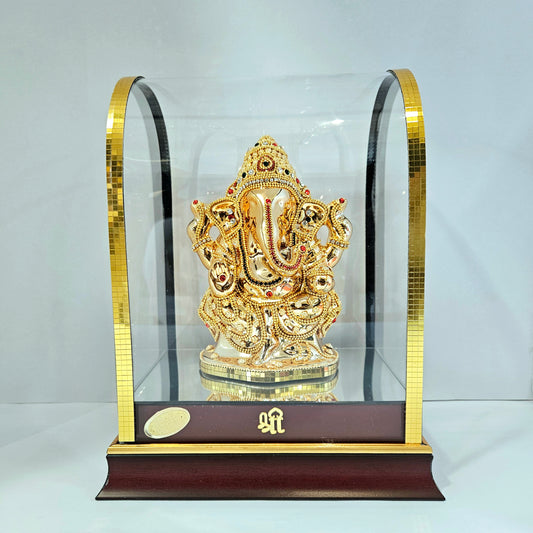 Imported 24carat Gold Plated Cabin Idol with stones Decorated of Ganesha with Full Decorate for Puja Room Or Home Decor