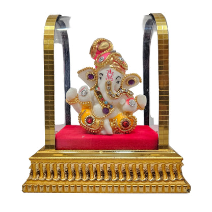 Lord Ganesh Idol in Glass Box with Golden Frame, Car Dashboard Figurine Showpiece