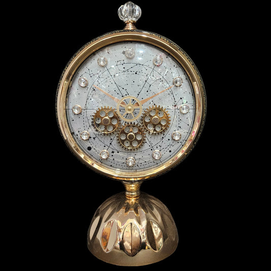 Elegant Golden Tripod Desk mirror & Clock with Moving Gears Steampunk Clock