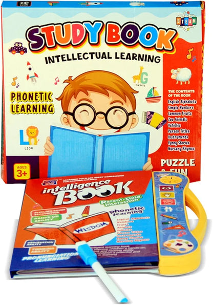 Study Book Intellectual Learning" is an educational toy designed for children ages 3 and up. It focuses on phonetic learning and includes a variety of topics to engage young learners.