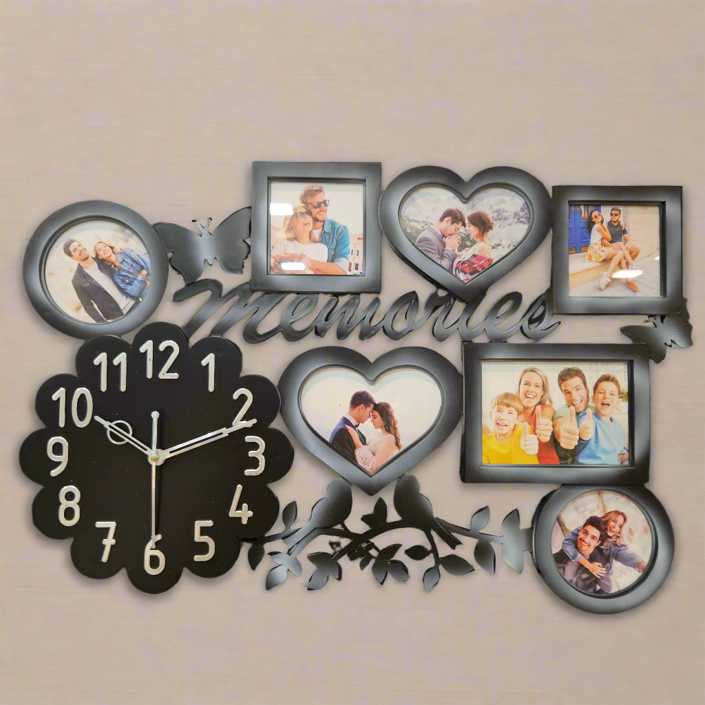 Designer Artistic Family Photo Frame and Collage Photo Frame with flower designer Wall Clock for Home Decoration
