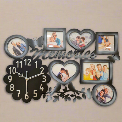 Designer Artistic Family Photo Frame and Collage Photo Frame with flower designer Wall Clock for Home Decoration