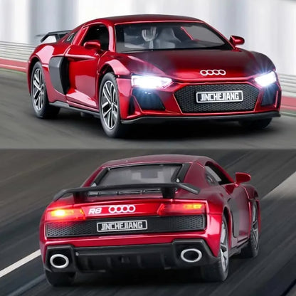 Red Audii R8 Sports Die-Cast Model Metal Pull-Back Car with Sound & Light with 2 Opening Doors Kids' Best Toy Vehicle Gifts