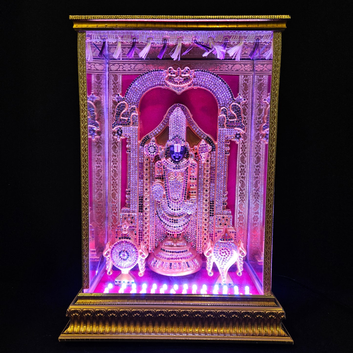 Tirupati Balaji,Shank&Chakra decorated with attractive stones,slokam & multi colour lighting Cabin idol perfect for Marriage gifting,house warming