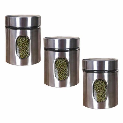 Set Of 3 piece Stainless Steel Plated Glass Kitchen Canister, Airtight Food Storage Window Jar