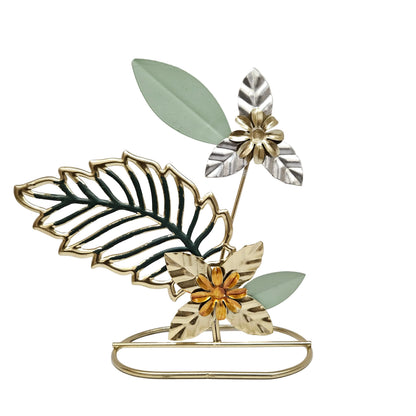 Nordic-style handcrafted metal tabletop showpiece featuring a botanical motif of stylized metal leaves and flowers