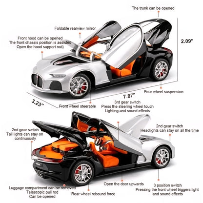 Bugatti Atlantic Diecast Model Car Alloy Metal Pull Back Die-Cast Car Pullback Toy with Openable Doors Light and Music Gift Toys for Kids - Silver/Black