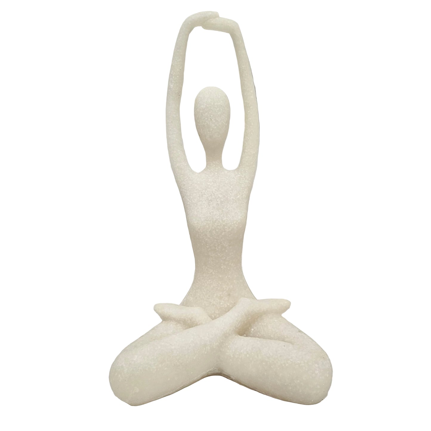 Minimalist yoga lady figurine depicting a meditation pose with hands raised overhead, commonly used as an aesthetic home or office decor showpiece