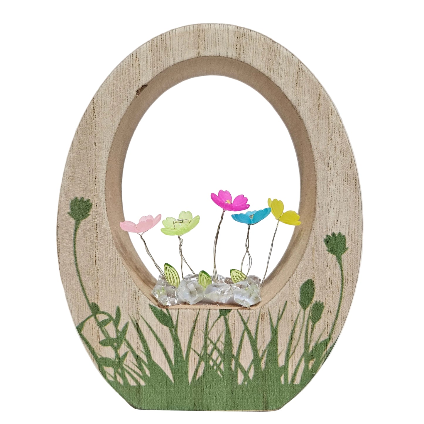 Multi colour battery Operated Flowers in grass printed wood showpiece for Table Decor