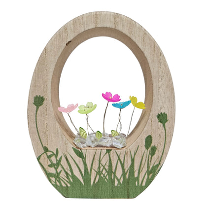 Multi colour battery Operated Flowers in grass printed wood showpiece for Table Decor