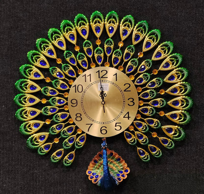 Decorative Golden & Green peacock wall Clock for Home Decor