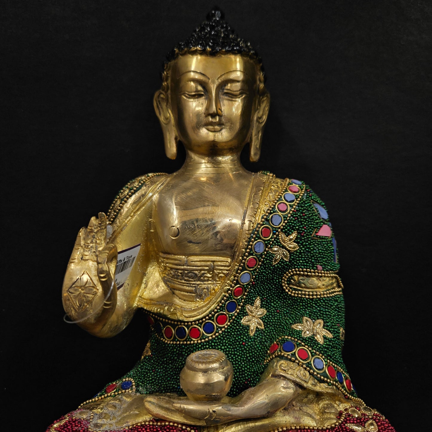 India Tibetan Buddhist Lord Buddha Decorated with Inlay Pearls Brass Statue with Inlay Work God idol