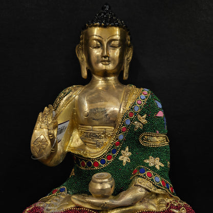 India Tibetan Buddhist Lord Buddha Decorated with Inlay Pearls Brass Statue with Inlay Work God idol