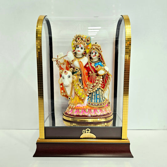Radha Krishna with cow Idol 24 carat gold Plated Statue Showpiece in transparent cabin Box