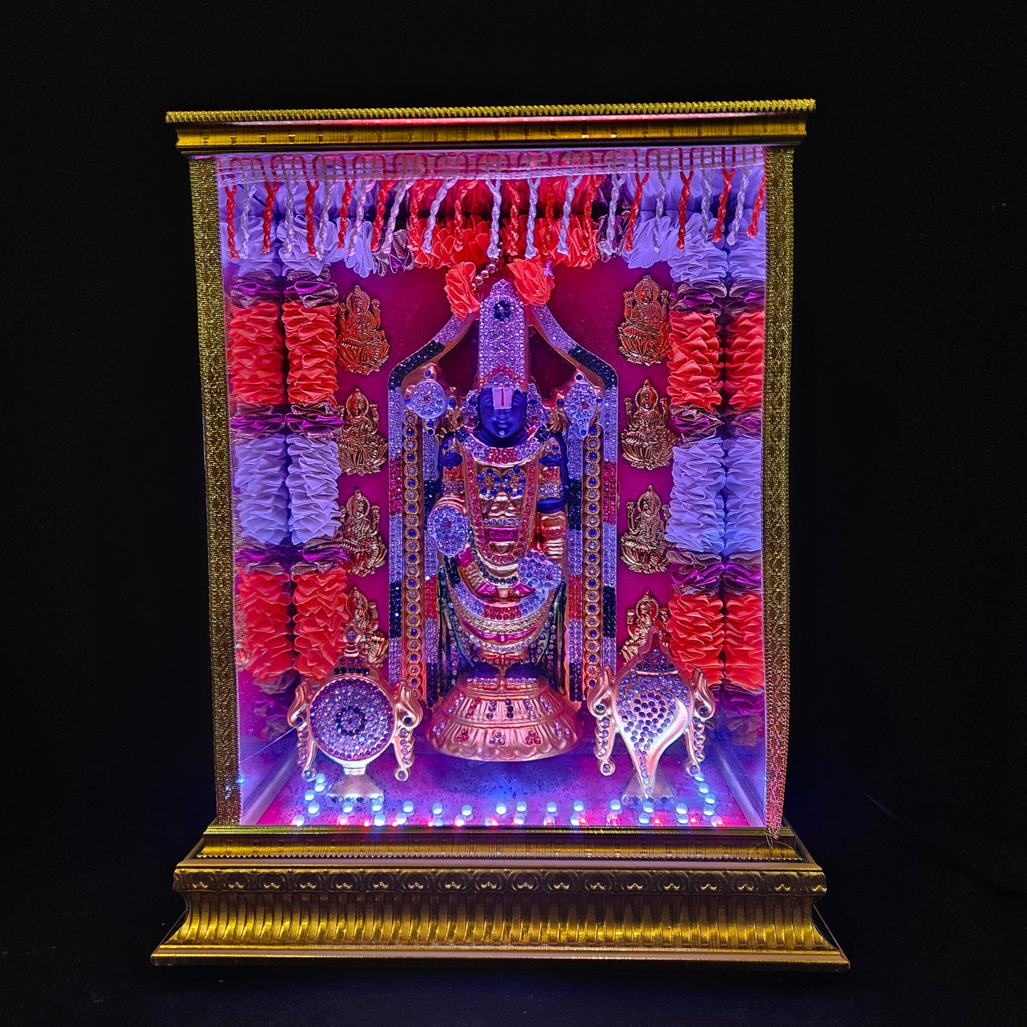 Tirupati Balaji,Shank&Chakra decorated with attractive stones,slokam & multi colour lighting Cabin idol perfect for Marriage gifting,house warming