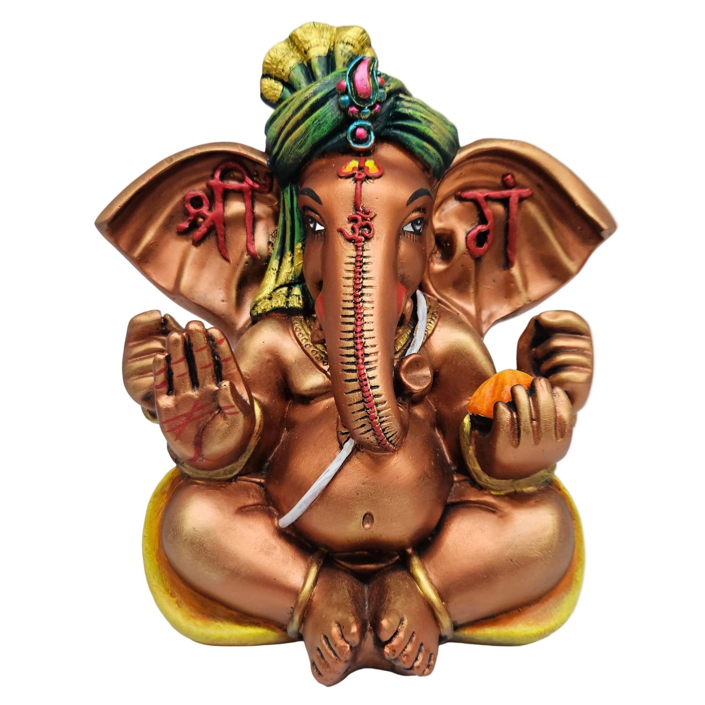 polyresin Ganesh idol featuring a prominent green turban pagadi and copper-toned finish