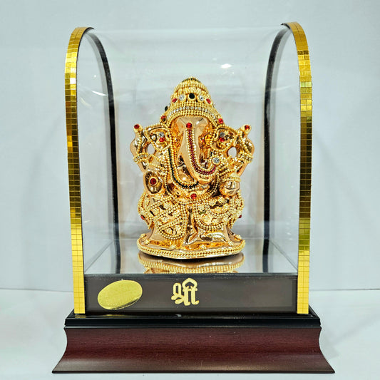 Imported 24carat Gold Plated Cabin Idol with stones Decorated of Ganesha with Full Decorate for Puja Room Or Home Decor
