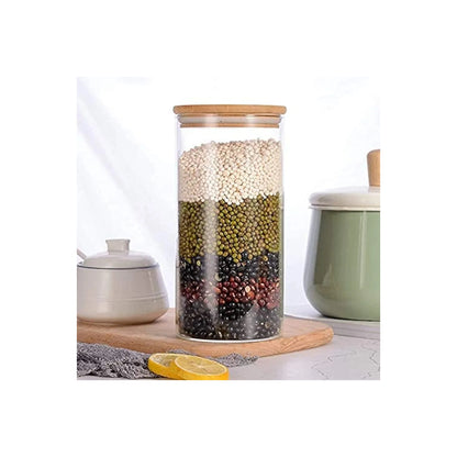 Airtight clear glass storage canister with wood lid food storage container jar with sealing bamboo lid for kitchen storage and multipurpose use