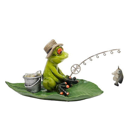 Comical fishing frog figurine is a hand-painted resin decoration suitable for garden or indoor use Showpiece Figurine