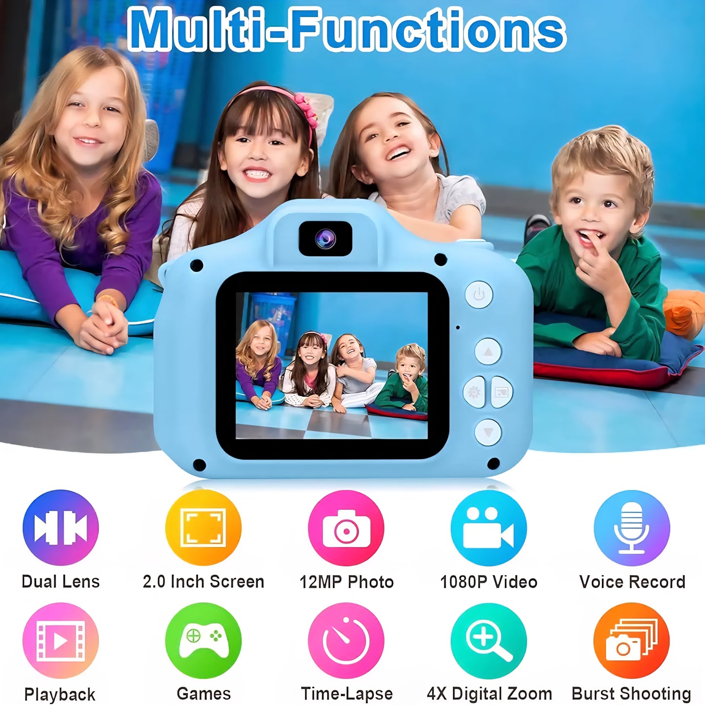 Kids Digital Camera, 2.0 Inch Screen, 3MP HD Lens, 1080P Video Recording