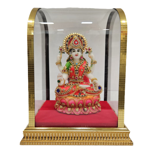 Maa Lakshmi Red/Yellow Colored for Pooja Room, Home Decor, Home Mandir/Temple with Protective Cabinet & Elegant Gift Packaging