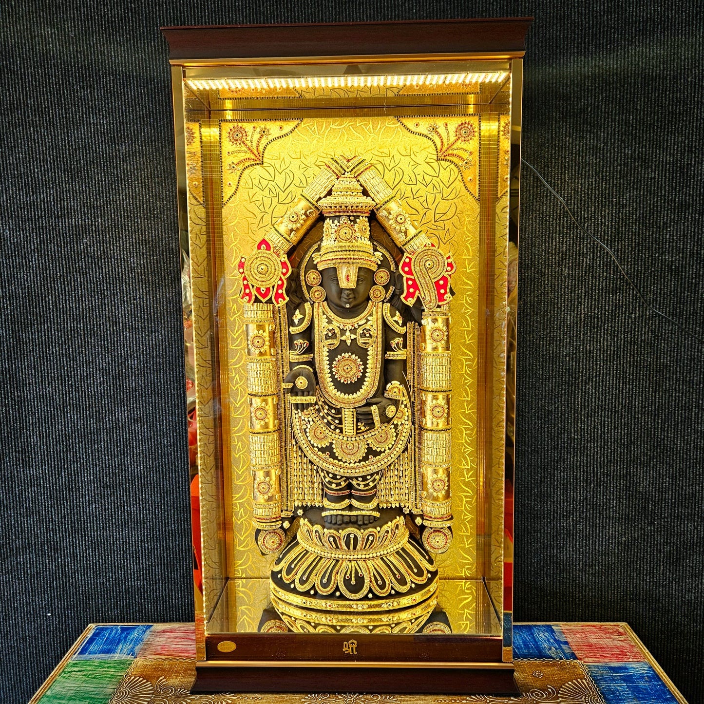 24 carat gold Plated big size Lord Balaji with decorative stones design idol Statue in a transparent protective cabin