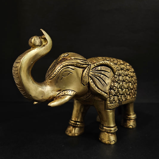 Brass Elephant with Beautifull Design Carving Work On Hathi Gajraj Lucky Figurine Showpiece for Home Statue Idol Handicraft Art