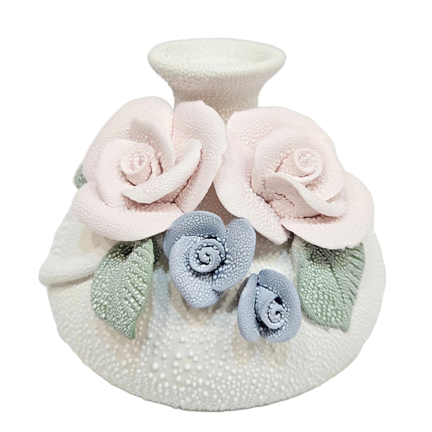 Textured white polyresin or Ceramic vase for Garden/home collection, embossed roses