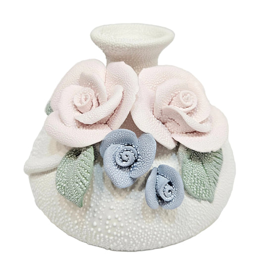 Textured white polyresin or Ceramic vase for Garden/home collection, embossed roses