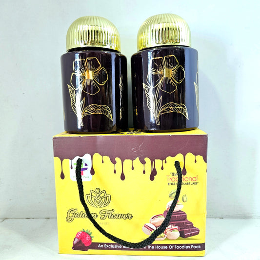 Golden flower the traditional style of 2 pieces glass jars set for dry fruits storage purpose