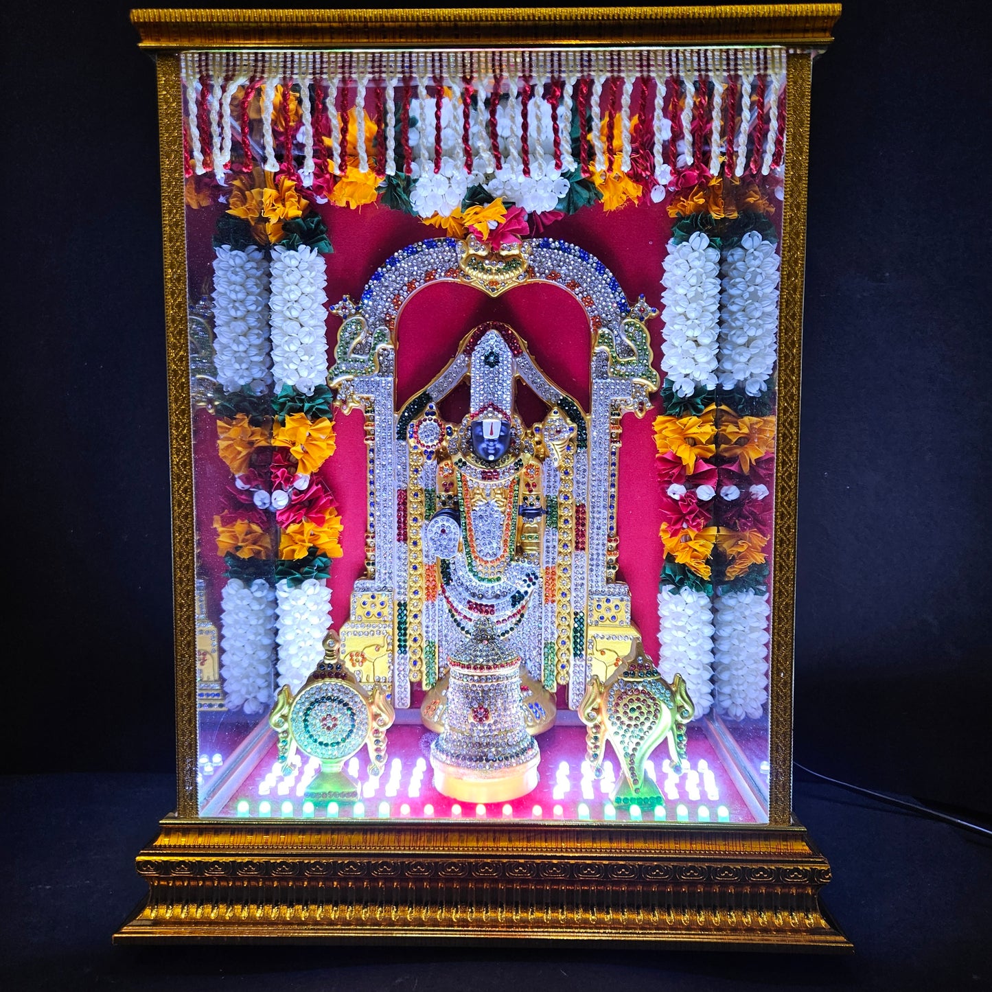 Tirupati Balaji,crown,Shank&Chakra decorated with attractive stones,slokam & multi colour lighting Cabin idol perfect for Marriage gifting,house warming