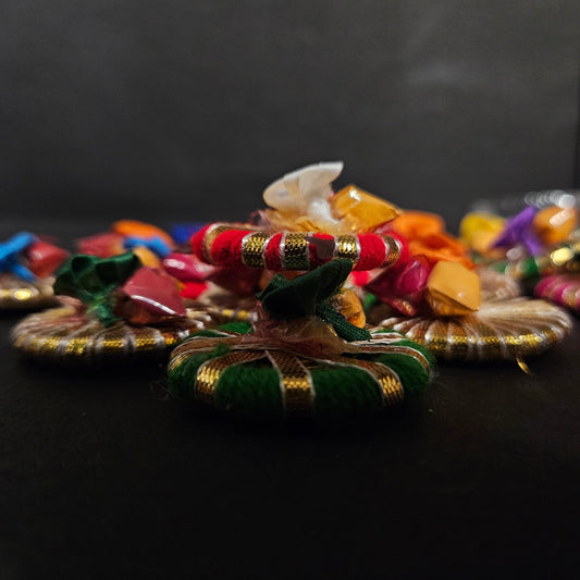 Haldi Kumkum Packets Return Gift in Golden Basket. All in one Gift for Women, Weddings, Pooja Functions