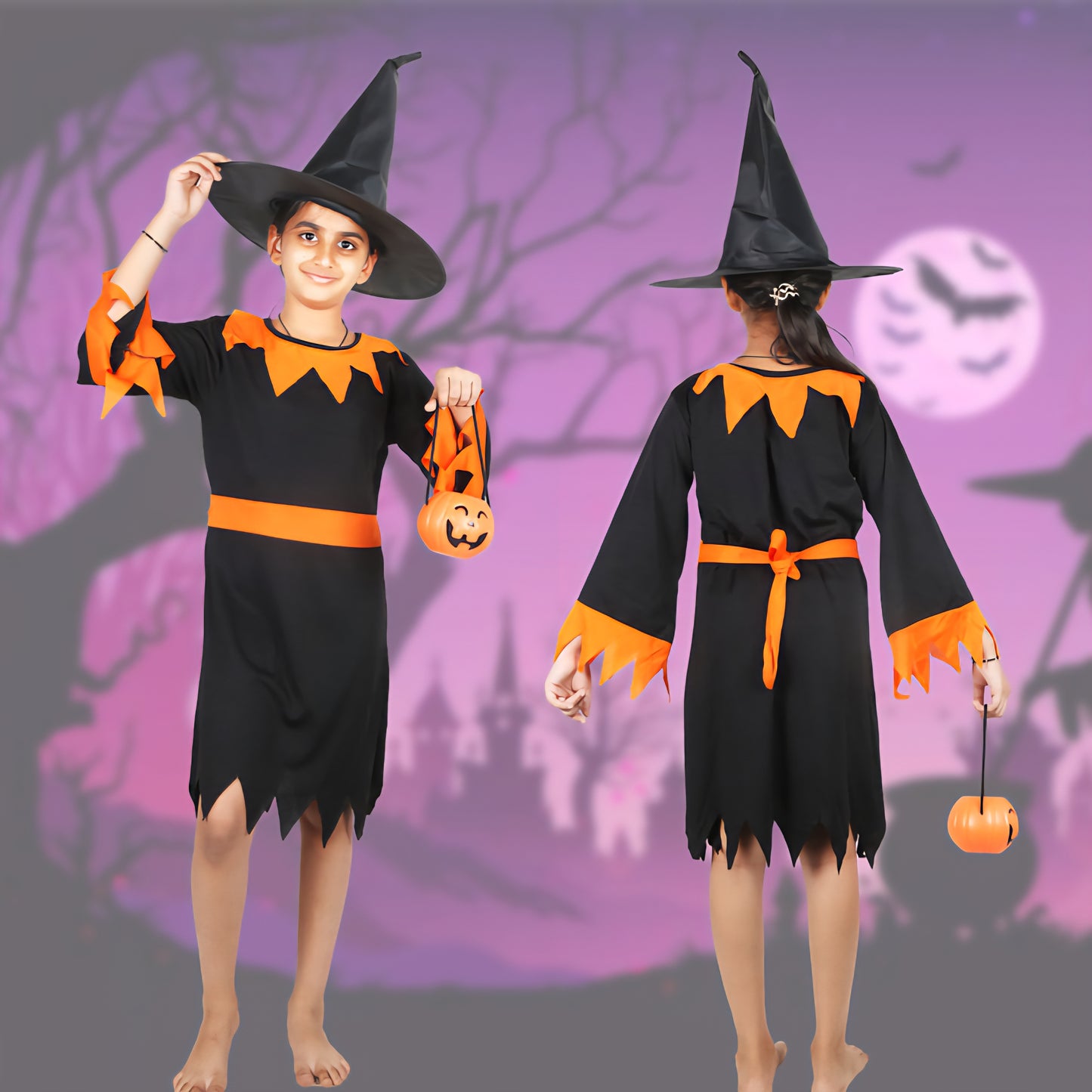 Orange Witch with Pumpkin Halloween Fancy Dress Unisex Costume for 2-3 years old kids