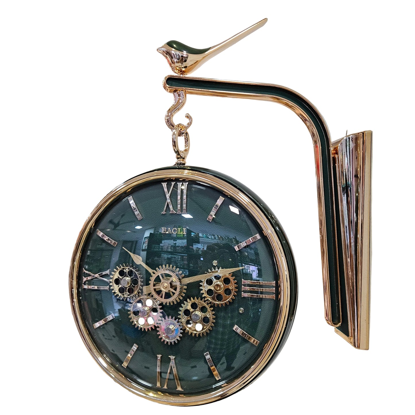 Decorative clock with mechanical gears in a room setting
