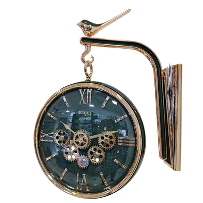 Decorative clock with mechanical gears in a room setting